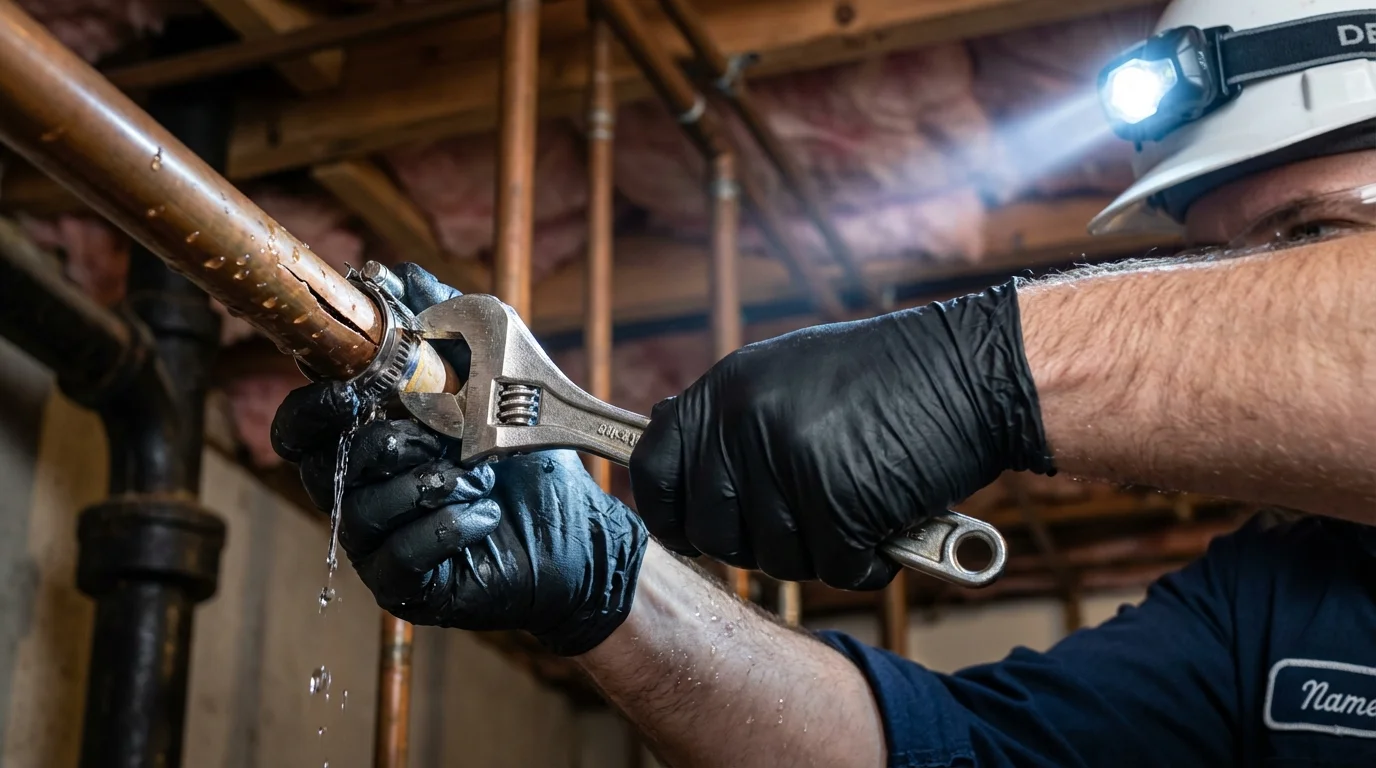 Emergency pipe clamp repair being performed by a Johns Plumbing LLC plumber in Twin Lakes