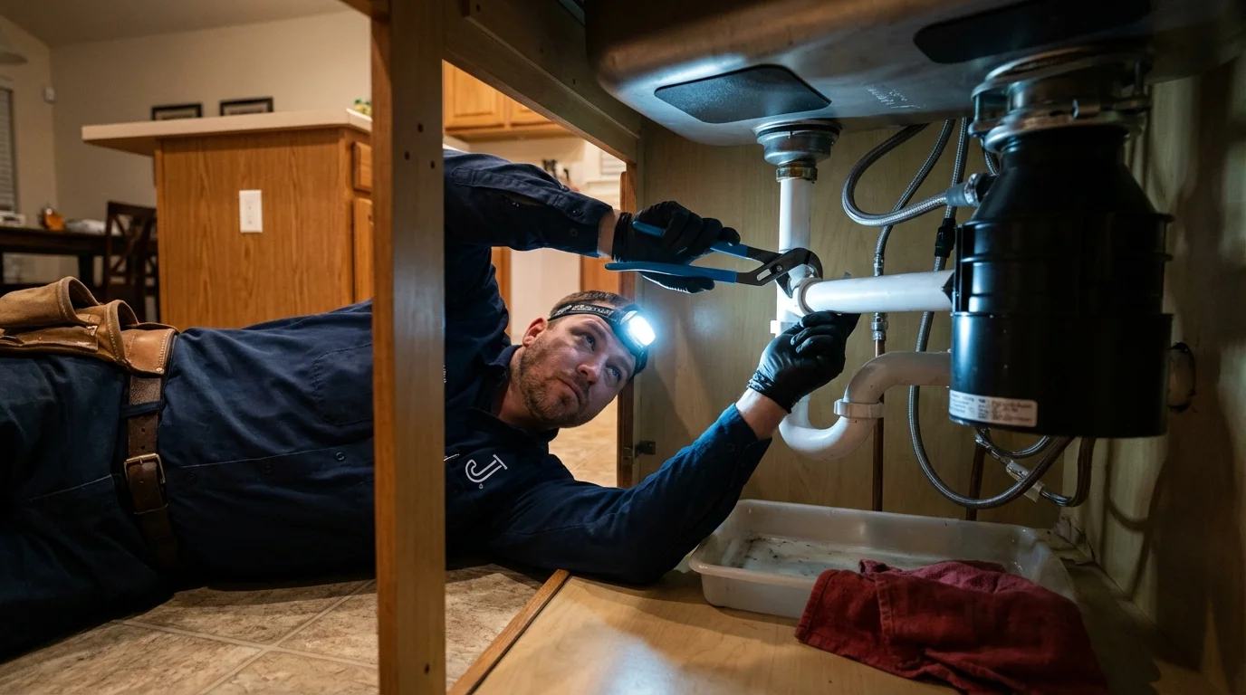P-trap and supply line connections under a kitchen sink showing a common leak point in Twin Lakes, CO